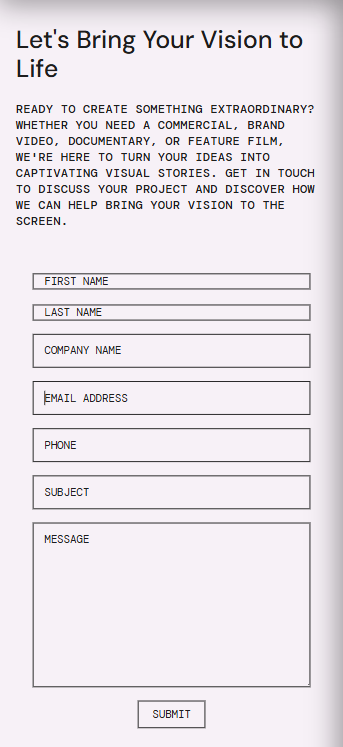 Mobile contact and booking view with production inquiry form